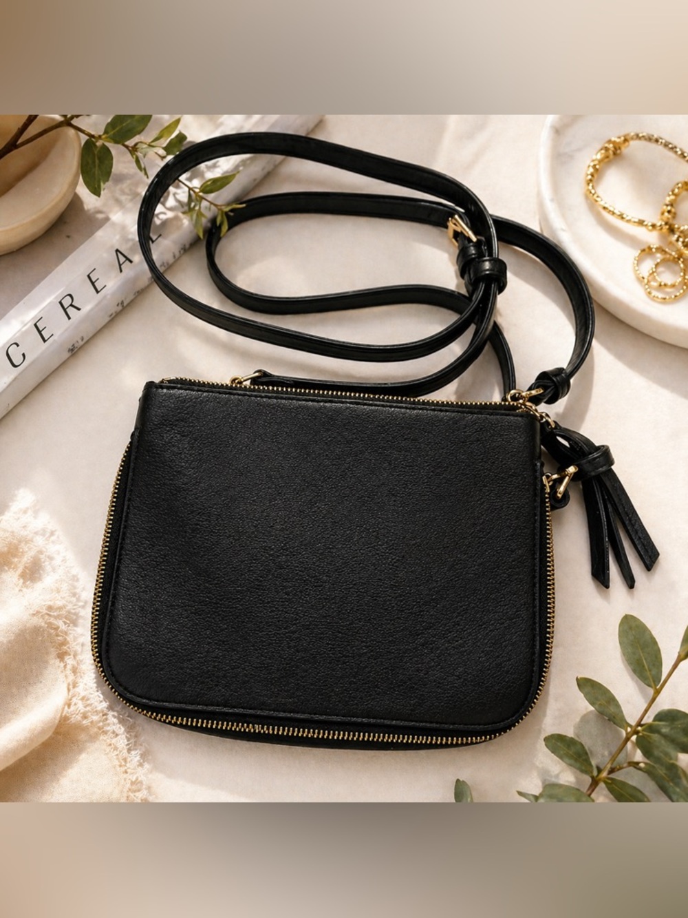 Genuine Leather Black Triple Zip Crossbody Bag Gold Hardware Everyday Purse